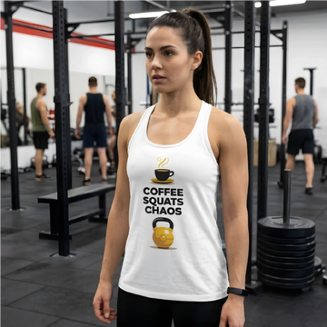 Coffee Squats Chaos Racerback Tank — Women's Fitness Coffee Workout Top